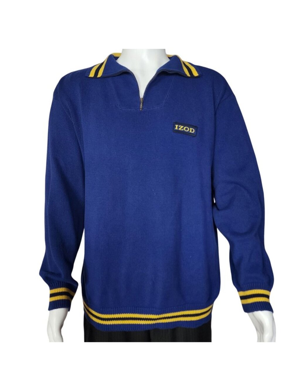 Izod Vintage Blue Cotton Pullover Sweater With Yellow Striped Trim XL